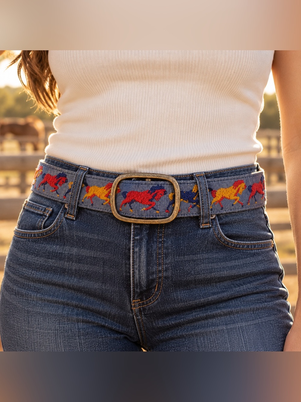 Embroidered Horse Denim Belt Western Equestrian D Ring Sz L 38